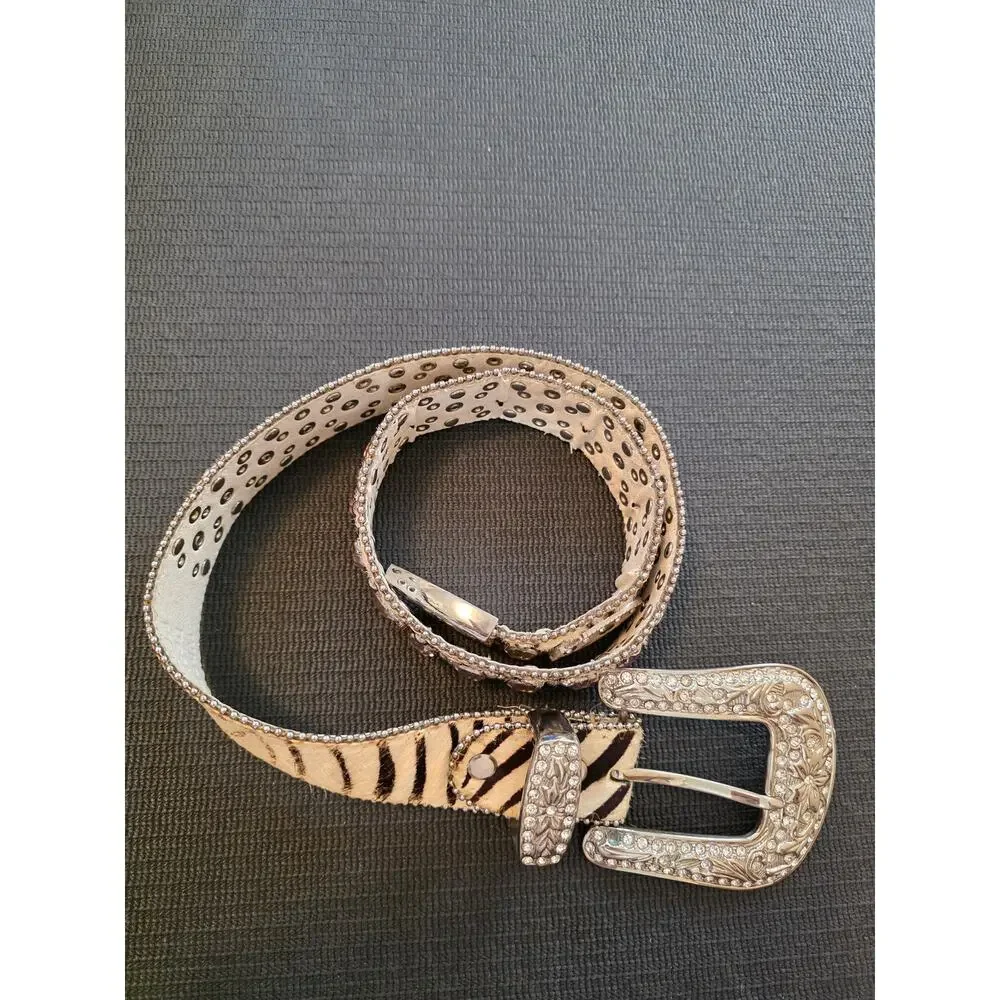 Atlas Western Calf Hair Zebra Print Pink Rhinestones Silver Studded Belt 34 XS